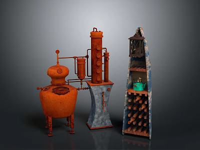 Vintage Orange Distiller Vertical Pipe Device And Blue Brown Wine Rack With Green Jar 3d model