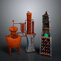 Vintage Orange Distiller Vertical Pipe Device And Blue Brown Wine Rack With Green Jar