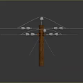 Wooden Crossarm Structure With White Insulators And Metal Wires On Power Pole
