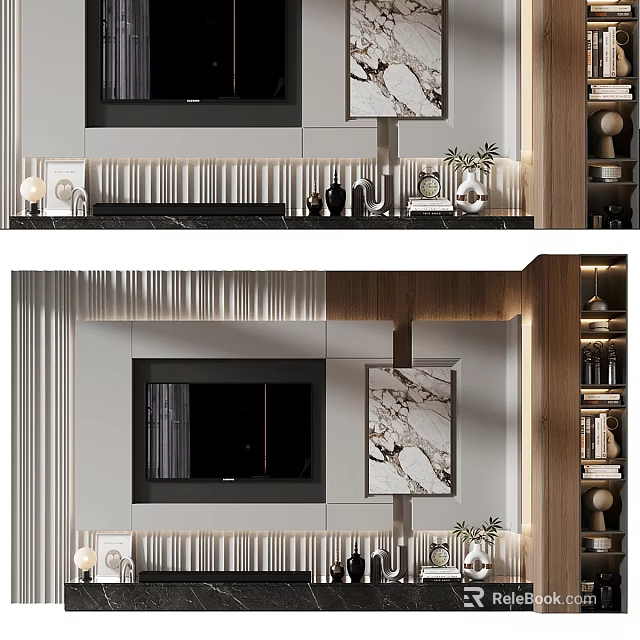 Modern TV Background Wall Design With Marble Panel Wooden Shelves And Decorative Items 3d model 