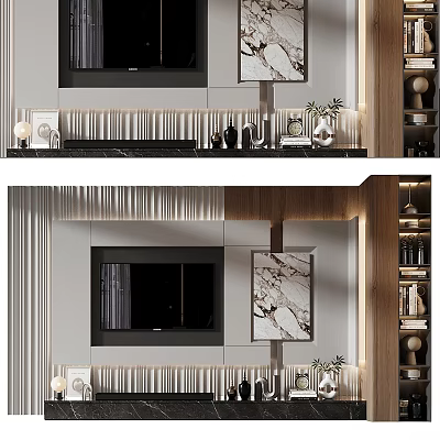Modern TV Background Wall Design With Marble Panel Wooden Shelves And Decorative Items 3d model