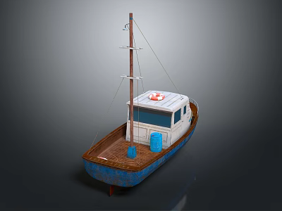 Wooden Boat With Brown Deck Blue Hull White Cabin And Red Lifebuoy 3d model