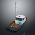 Wooden Boat With Brown Deck Blue Hull White Cabin And Red Lifebuoy