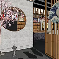 Japanese Restaurant Interior Featuring Cherry Blossom Tree Round Window Wine Bottles Wave Screen Stone Lantern 3d model