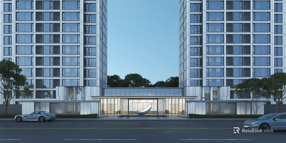 Modern Sleek Residential Entrance Gate With High Rise Buildings And Glass Facade 3d model 