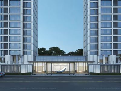 Modern Sleek Residential Entrance Gate With High Rise Buildings And Glass Facade 3d model