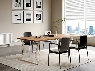 Modern Dining Table Set With Black Chairs Rug Decorative Paintings And City View Through Window 3d model