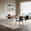 Modern Dining Table Set With Black Chairs Rug Decorative Paintings And City View Through Window