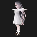 Woman With Long Pink Purple Gradient Hair In White Dress Arms Outstretched Black Background