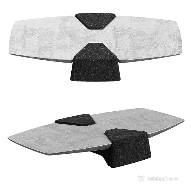 Contemporary Coffee Table With Textured Stone Top And Black Geometric Base 3d model 