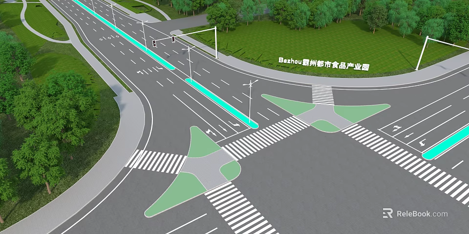 Municipal Road Intersection With Green Median Strips Zebra Crossings Street Lamps And Greenery 3d model 