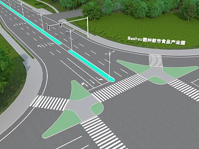 Municipal Road Intersection With Green Median Strips Zebra Crossings Street Lamps And Greenery 3d model