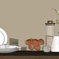 White Dinnerware Set With Plates Glassware Fruit Bowl And Glass Jars On Wooden Shelf
