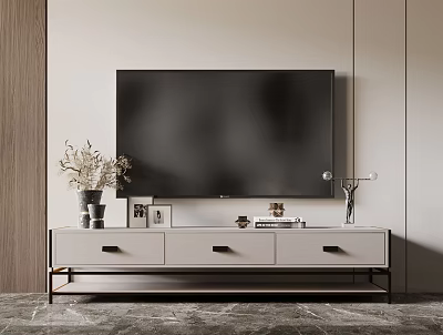 Modern White TV Stand With Metal Legs Drawers And Decorative Vase Photo Frames Table Lamp 3d model