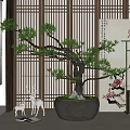 Pine Bonsai Plant In Grey Ceramic Pot With Wooden Lattice Screen And White Deer Ornaments