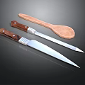 Kitchen Utensils Set With Wooden Handles Metal Accents Sharp Blades And Spoon