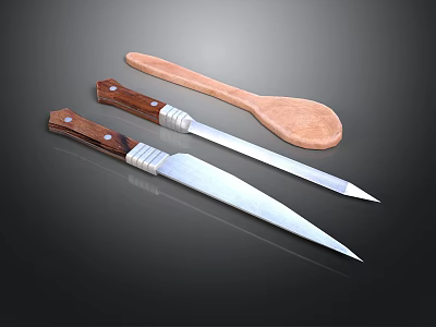 Kitchen Utensils Set With Wooden Handles Metal Accents Sharp Blades And Spoon 3d model