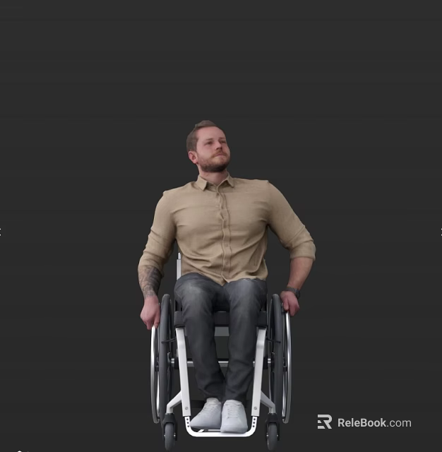 Man in Wheelchair Wearing Khaki Shirt and Jeans Against Black Background 3d model 