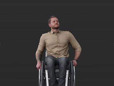 Man in Wheelchair Wearing Khaki Shirt and Jeans Against Black Background 3d model