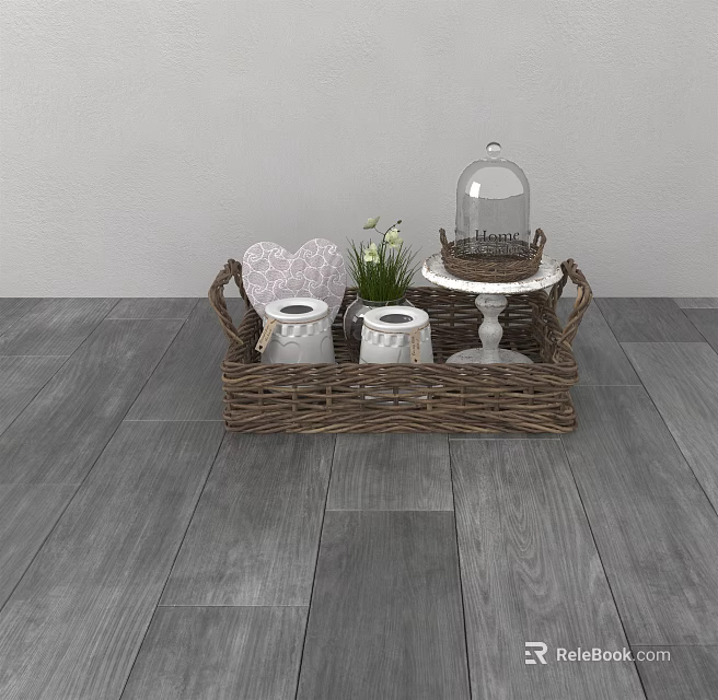 Woven Storage Basket with White Jars Heart Decor Small Plant and Glass Cloche Tray 3d model 