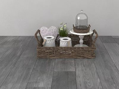 Woven Storage Basket with White Jars Heart Decor Small Plant and Glass Cloche Tray 3d model
