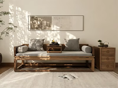 Traditional Chinese Wooden Daybed With Gray Cushions Small Tea Table And Wall Art 3d model