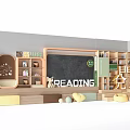 Cartoon Shaped Bookshelves In Children's Reading Room With Blackboard And Reading Sign
