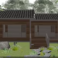 Traditional Wooden Villa With Black Tiled Roof Large Windows Balcony Staircase And Stone Path
