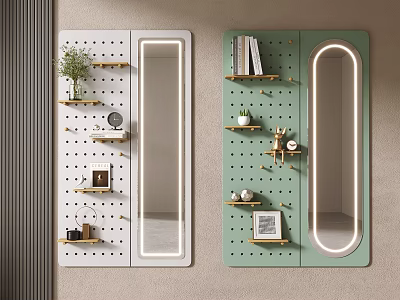 White and Green Wall Decor with Perforated Boards Mirror Shelves and Decorative Items 3d model