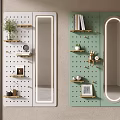 White and Green Wall Decor with Perforated Boards Mirror Shelves and Decorative Items