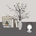 Decorative Ornament Set With Vase Branches Stacked Books Framed Artwork And Table Lamp