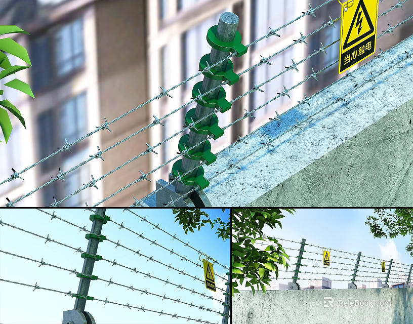 Industrial Security Barbed Wire Fence With Green Insulators Yellow Warning Signs And Concrete Base 3d model 