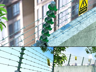 Industrial Security Barbed Wire Fence With Green Insulators Yellow Warning Signs And Concrete Base 3d model