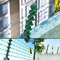 Industrial Security Barbed Wire Fence With Green Insulators Yellow Warning Signs And Concrete Base