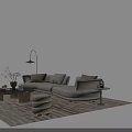 L Shaped Beige Sofa Coffee Table Set With Round Brass Legs Cushions And Floor Lamp