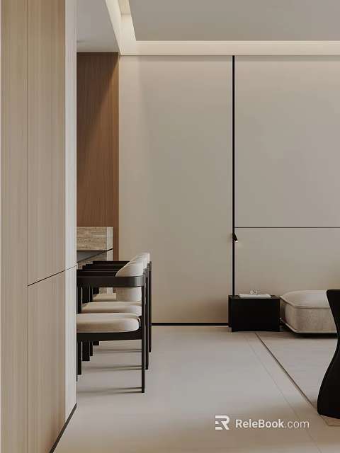 Modern Minimalist Entryway Hallway Design With Wooden Bench Neutral Tone Side Table And Wall Light 3d model 