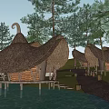 Rustic Straw Roof Guesthouse In Natural Waterfront With Trees Grass Stone Pathways And Circular Deck