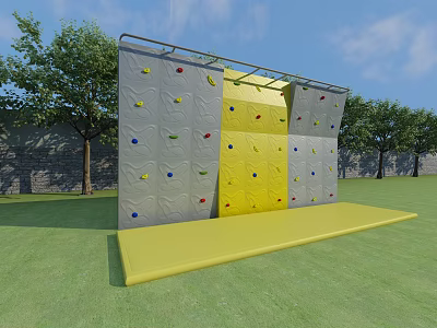 Outdoor Gray And Yellow Climbing Wall With Colorful Holds And Yellow Bottom Mat On Grass 3d model
