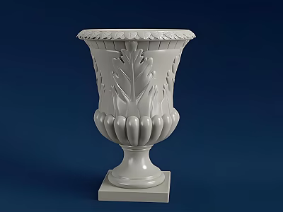 White Decorative Vase With Carved Leaf Patterns And Square Base Design 3d model