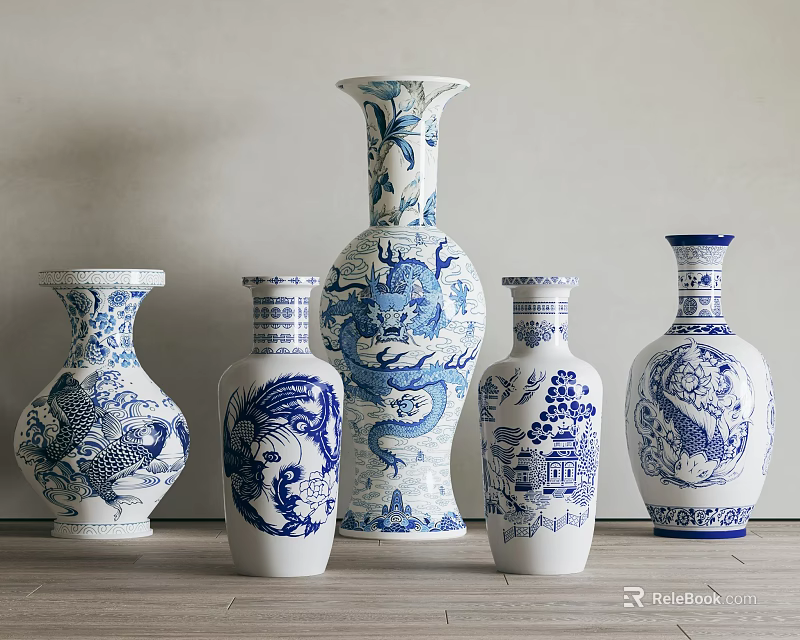 Blue and White Ceramic Vases with Dragon Phoenix and Landscape Patterns for Home Decoration 3d model 
