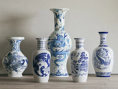 Blue and White Ceramic Vases with Dragon Phoenix and Landscape Patterns for Home Decoration 3d model