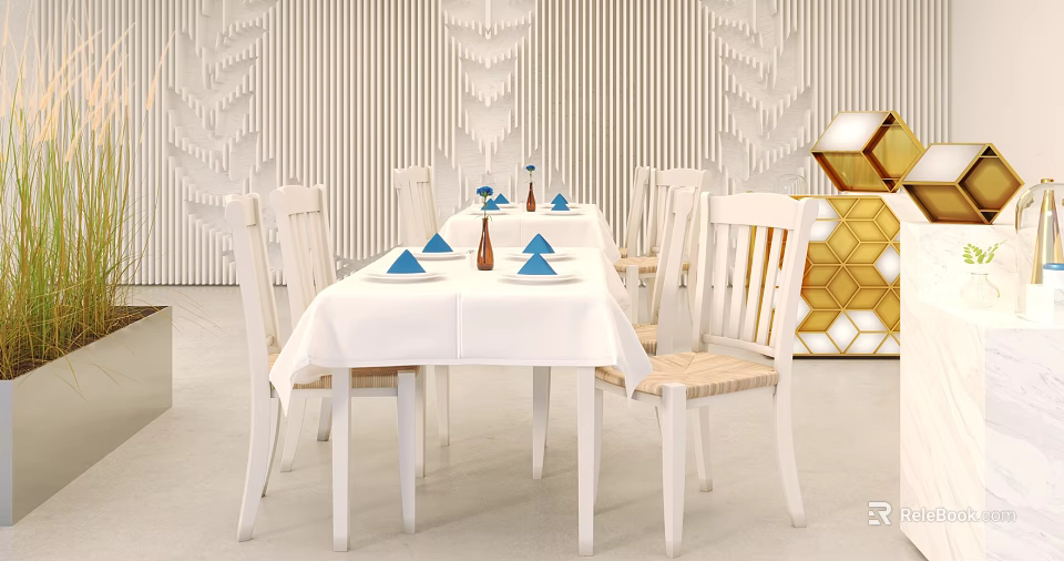Stylish Dining Table With White Tablecloth Blue Placemats White Chairs Textured Wall And Geometric Decor 3d model 