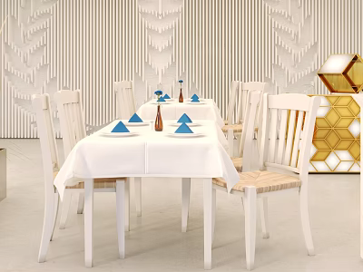Stylish Dining Table With White Tablecloth Blue Placemats White Chairs Textured Wall And Geometric Decor 3d model