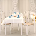 Stylish Dining Table With White Tablecloth Blue Placemats White Chairs Textured Wall And Geometric Decor
