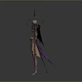 Woman with White Wings Wearing Yellow and Purple Outfit Holding Long Staff with Pink Orb