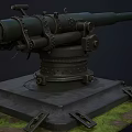 Vintage Cannon With Long Barrel Mounted On Black Base Over Grass Stone Ground