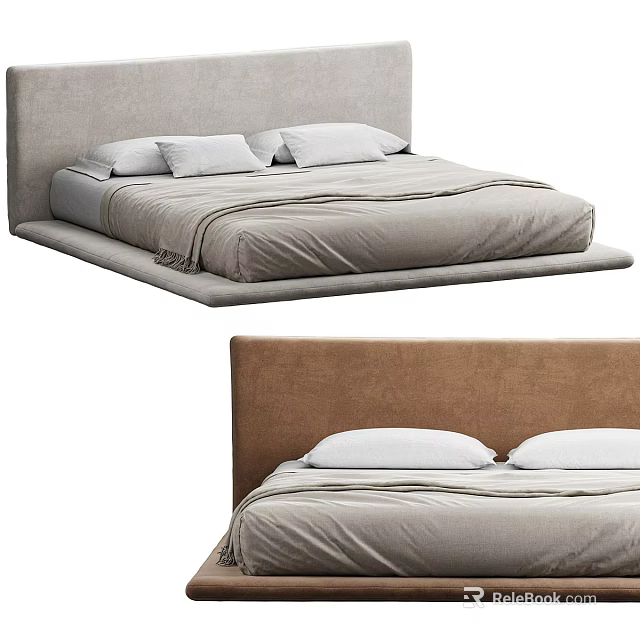 Modern Double Bed With Gray Brown Headboard White Pillows And Gray Bedspread 3d model 