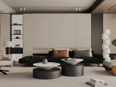 Modern Living Room Interior With Dark Green Sofa Brown Gray Pillows And Round Coffee Tables 3d model