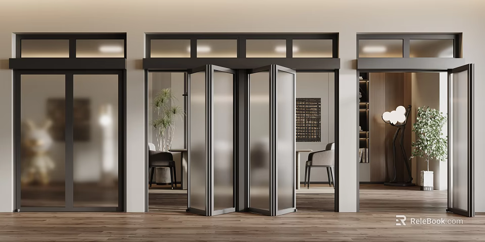 Folding Glass Door In Modern Interior With Wooden Floor And Furniture 3d model 