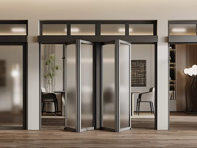 Folding Glass Door In Modern Interior With Wooden Floor And Furniture 3d model
